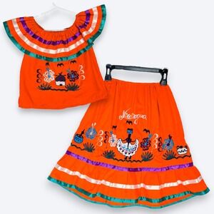 Orange‎ Nicaragua Traditional Embroidered Ribbon Dress & Skirt Set Girls 4